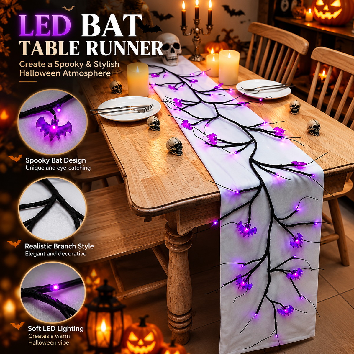 Halloween LED Willow Vine String Light Cool Cartoon Bat Pumpkin Decoration For Indoor Outdoor Party House Decor