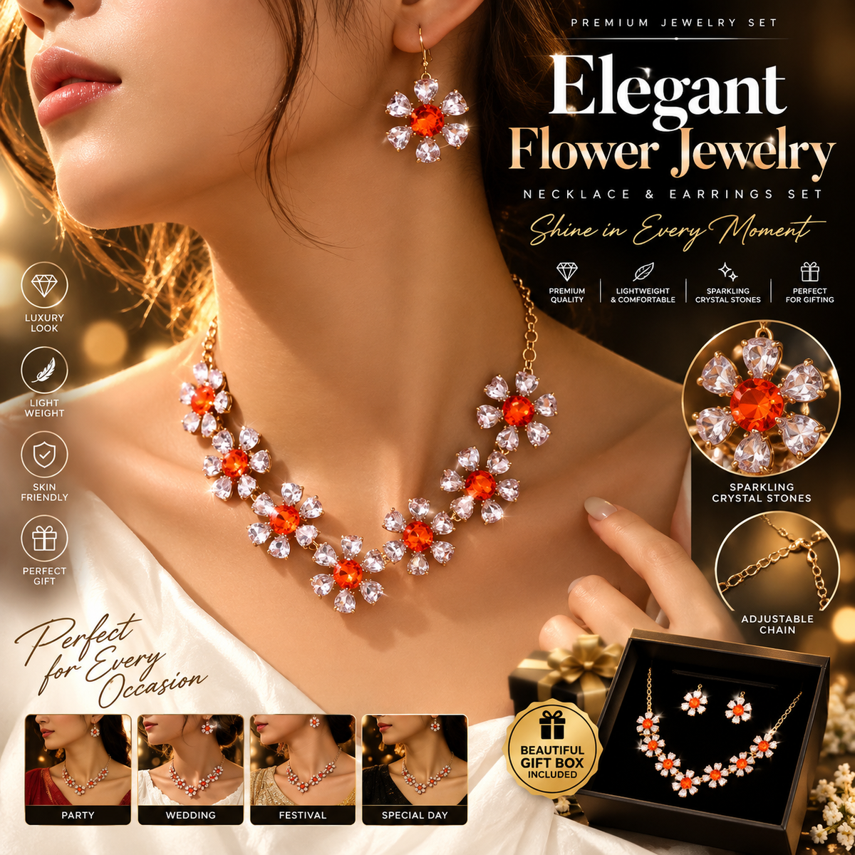 Cross-border Fashion OL Necklace Earrings Simple Inlaid Zircon Peach Heart Clavicle Chain Ins Temperament Earrings