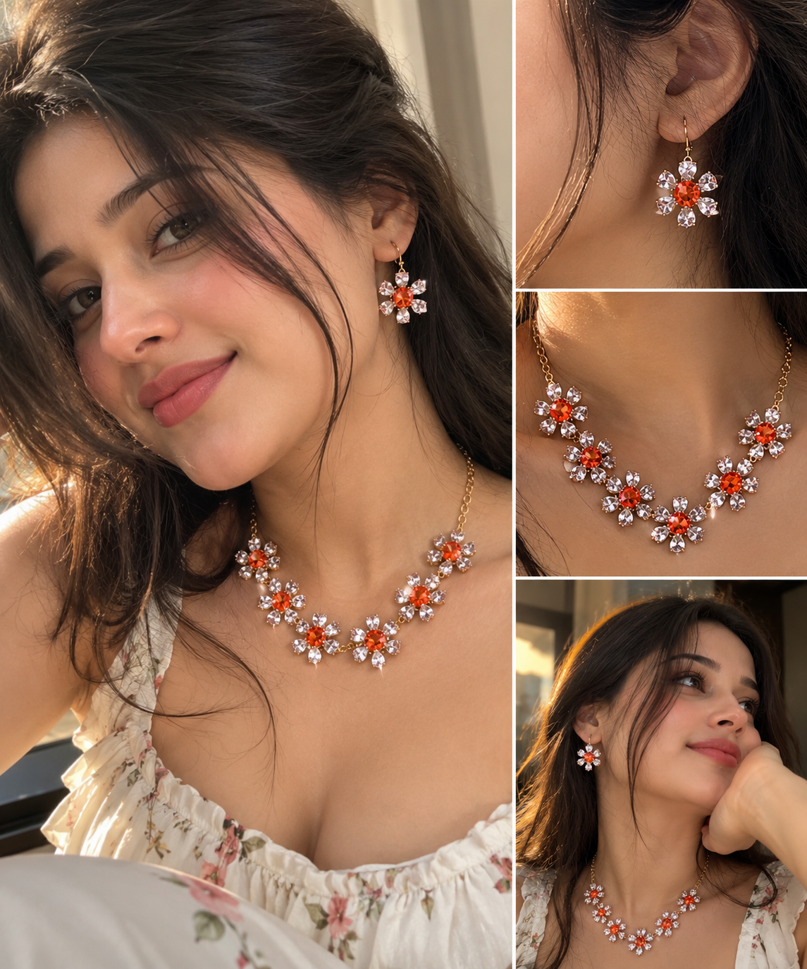 Cross-border Fashion OL Necklace Earrings Simple Inlaid Zircon Peach Heart Clavicle Chain Ins Temperament Earrings