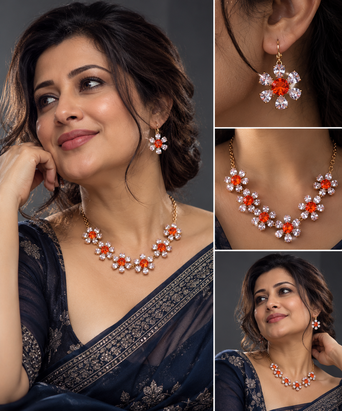 Cross-border Fashion OL Necklace Earrings Simple Inlaid Zircon Peach Heart Clavicle Chain Ins Temperament Earrings