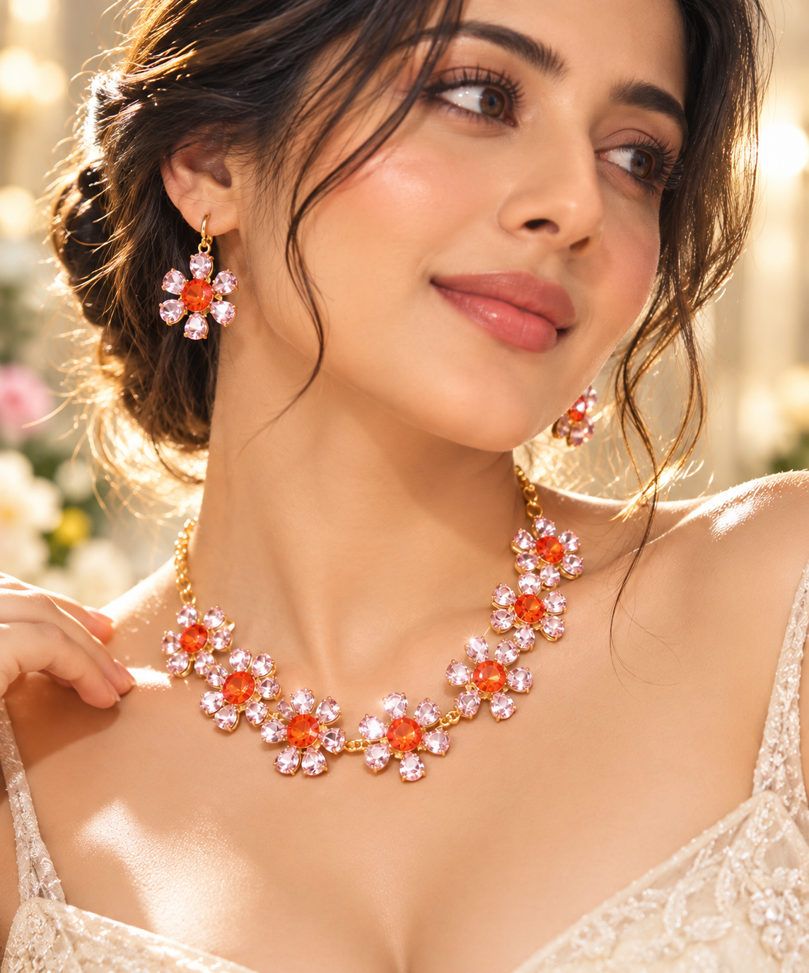 Cross-border Fashion OL Necklace Earrings Simple Inlaid Zircon Peach Heart Clavicle Chain Ins Temperament Earrings
