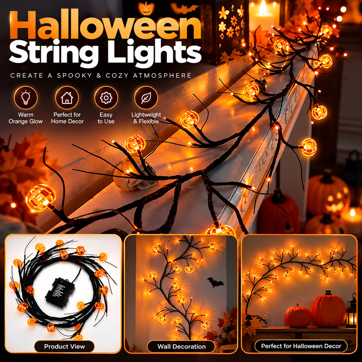 Halloween LED Willow Vine String Light Cool Cartoon Bat Pumpkin Decoration For Indoor Outdoor Party House Decor